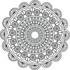 India inspired mandala design template in black and white. Vector illustration for games, background, pattern, decor. Coloring paper, page, book. Print for fabrics and other surfaces.