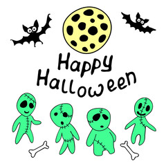 Happy Halloween-lettering with zombie, bats, moon. Set of Isolated color flat design elements. Festive title and background for greeting card, invitation, party, poster, banner