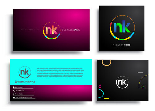Letter NK logotype with colorful circle, letter combination logo design with ring, sets of business card for company identity, creative industry, web, isolated on white background.