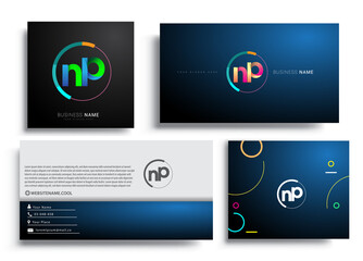 Letter NP logotype with colorful circle, letter combination logo design with ring, sets of business card for company identity, creative industry, web, isolated on white background. © wikaGraphic