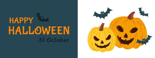 Halloween party invitation card for holidays. Pumpkin and bats, ghosts. Vector illustration.