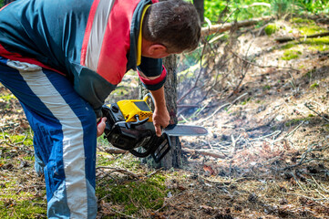 Close-up of woodcutter sawing chain saw in motion, sawdust and smoke fly to the sides. lumberjack...