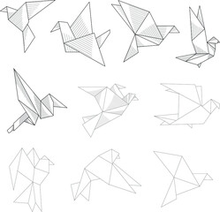 Cartoon origami paper birds graphic template. Vector illustration in black and white for games, background, pattern, decor. Print for fabrics and other surfaces. Coloring paper, page, story book