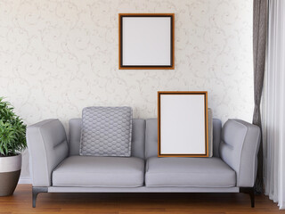 Interior Living Room Photo Frame Realistic Mockup. 3D Rendering, 3D illustration.