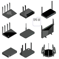 Router isometric icons set. Vector