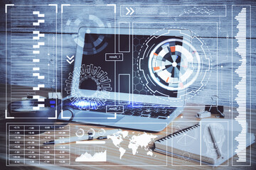 Double exposure of desktop with personal computer on background and tech theme drawing. Concept of data analysis.