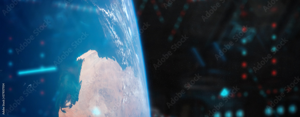 Wall mural view of planet earth from a space station window during a sunrise 3d rendering elements of this imag