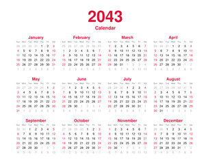 Calendar 2043 - 12 months yearly vector calendar - calendar planner template svg format