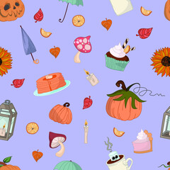 Cartoon autumn mushroom, leafs, pumpkins and else seamless pattern. Everything fall vector illustration template on pastel purple background for games, background. Print for fabrics and other surfaces