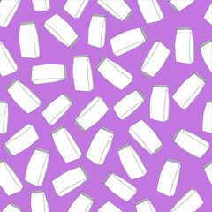 Cartoon milk bags or coffee packages seamless pattern template. Vector illustration in black and white on pastel purple backdrop for games, wallpaper, decor. Coloring paper, page, book