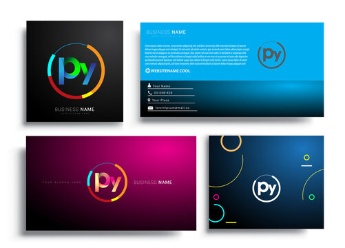 Letter PY logotype with colorful circle, letter combination logo design with ring, sets of business card for company identity, creative industry, web, isolated on white background.