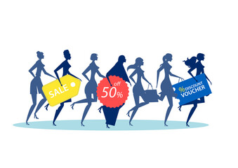 Running woman silhouette with shopping bags. Black friday sale