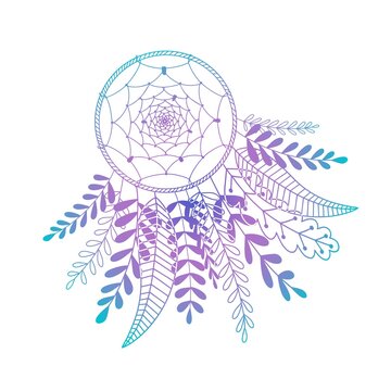 Vector colorful dream catcher with text. Hippie symbol or boho style concept, isolated on white background