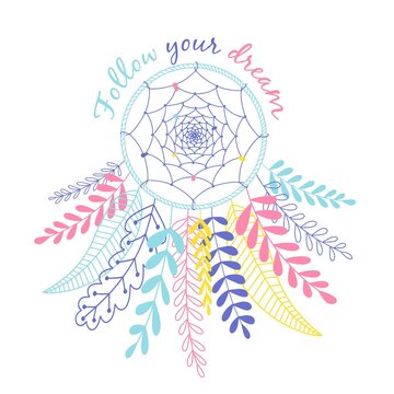 Vector colorful dream catcher with text. Hippie symbol or boho style concept, isolated on white background