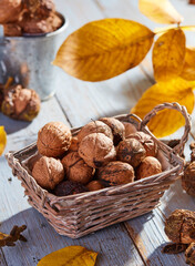 Organic walnuts with yellow leafs in a basket
