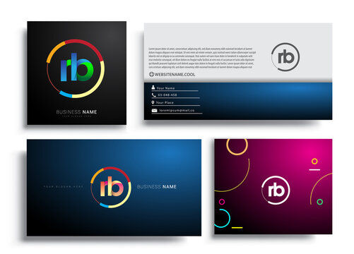 Letter RB logotype with colorful circle, letter combination logo design with ring, sets of business card for company identity, creative industry, web, isolated on white background.