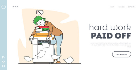 Exhausted Business Character Emotional Burnout Landing Page Template. Hard Work Tired Business Woman Sleeping at Working Place
