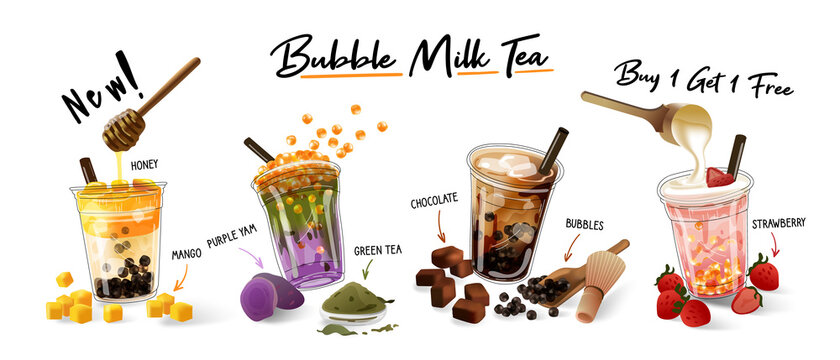 Bubble milk tea Special Promotions design, Boba milk tea, Pearl milk tea , Yummy drinks, coffees and soft drinks with logo and doodle style advertisement banner. Vector illustration.