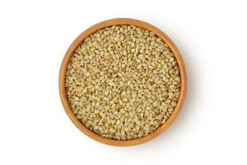 Sesame seeds in wooden bowl on white background