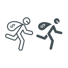 Robbery line and glyph icon, crime and burglary, thief with money bag sign, vector graphics, a linear pattern on a white background, eps 10.