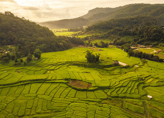 Aerial views of Small house and rice terraces field at pabongpaing village rice terraces Mae-Jam Chiang mai, Thailand