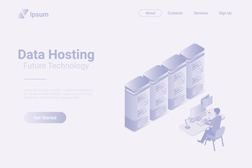 Data hosting Servers Isometric Flat white monochrome vector concept.