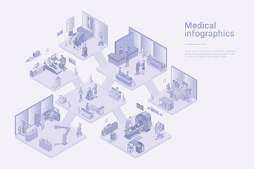 Medical Clinic center Isometric Flat white monochrome vector concept.