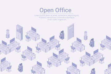 Empty workplaces with computers in Open Office Isometric Flat white monochrome vector concept.