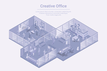 Creative Office with cafe bar and GYM Isometric Flat white monochrome vector concept.