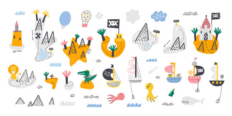 Cute set of islands, pirate ships and sea creatures. Hand drawn vector doodle set for kids. Design for poster, card, bag and t-shirt.