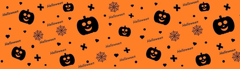 Long banner Halloween. Pattern of cute pumpkins, a cross and a spider web for the holiday. Festive banner with place for your text.	