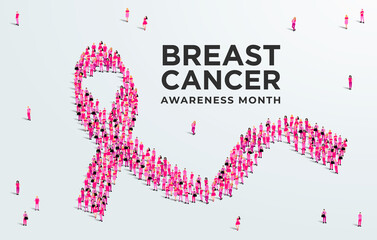 Breast cancer awareness month concept poster. Large group of people form to create a pink ribbon. Vector illustration.