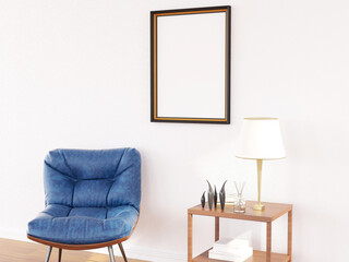 Interior Living Room Photo Frame Realistic Mockup. 3D Rendering, 3D illustration.