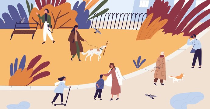 People walking and spend time together at autumn park vector flat illustration. Man, woman and children relax, photographing, riding on kick scooter and playing with dog. Seasonal outdoor activity