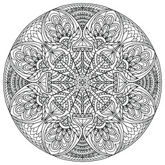 mandala with folk style flowers and ornaments drawn on a white background for coloring, vector