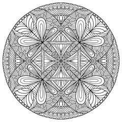linear abstract ornaments forming a drawn mandala on a white background for coloring, vector