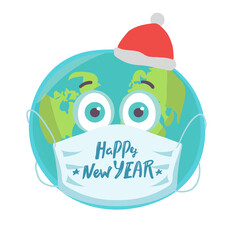 Planet Earth in medical mask on blue. Happy holidays, lettering. Pandemic Christmas concept. Vector illustration