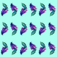 Realistic watercolor feather seamless pattern template. Illustration on bright green blue background for games, background, pattern, decor. Coloring paper, page, book. Print for fabrics