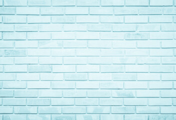 Fototapeta premium Empty Background wide Blue brick wall texture. Calm white tile square or stone pattern seamless, Mint Green limestone abstract toilet/Grid uneven interior clean. Bathroom & Subway design backdrop.