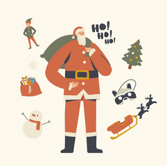 Santa Claus in Red Traditional Costume Holding Sack with Gifts. Winter Season Holidays, Merry Christmas, New Year