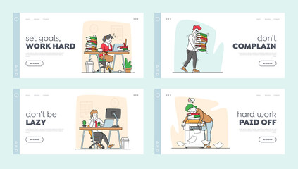 Tired Workers in Office Landing Page Template Set. Business Characters Sleep on Workplace. Laziness, Emotional Burnout