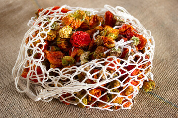 red dried bell peppers in the net bag