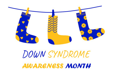 Down syndrome awareness month concept vector in blue and yellow colors. Socks are hanging on rope as symbol of genetic disease.