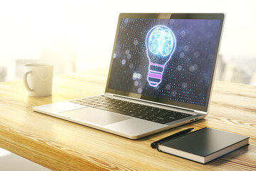 Creative light bulb with human brain hologram on modern laptop monitor, artificial Intelligence and...
