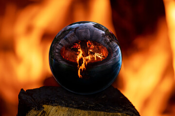 Campfire in a stone surround hearth reflected in a glass ball