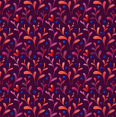 A blueberry seamless pattern. Watercolor elements on burgundy background. Concept for textiles, wallpaper, wrapping paper and other products.