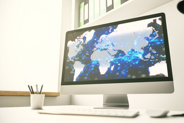 Modern computer screen with abstract creative digital world map, research and analytics concept. 3D Rendering