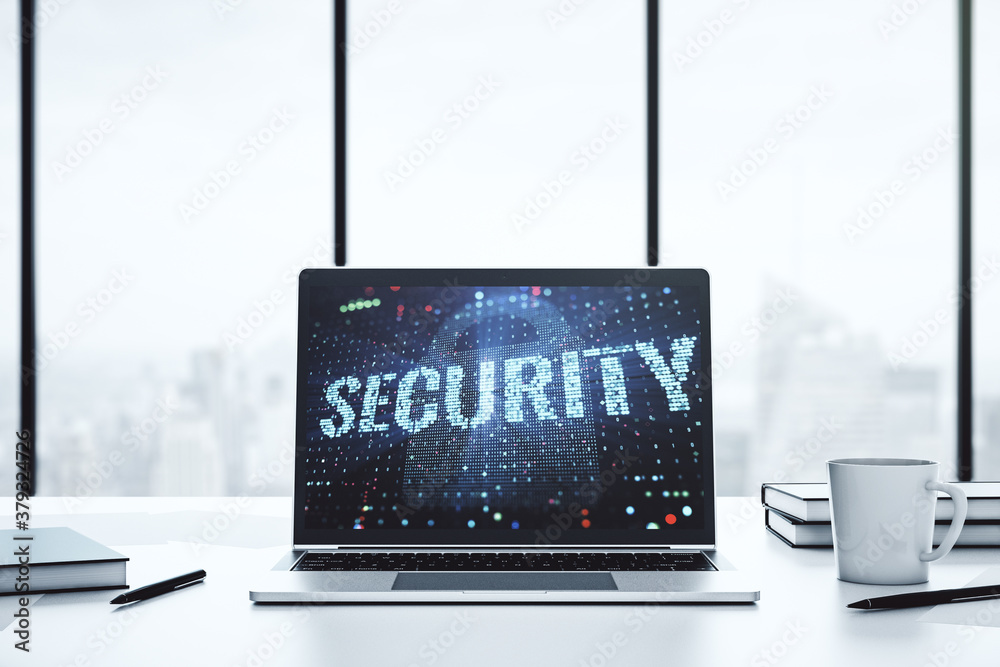Poster Cyber security creative concept on modern laptop monitor. 3D Rendering
