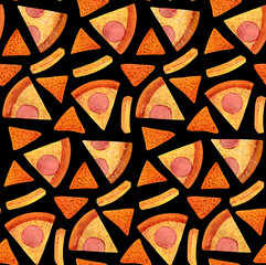 A seamless pattern delicious slices of pizza, nachos and fries on a black background. Concept for decorating textiles, packaging, paper and other printed products. Handmade, gouache technique.