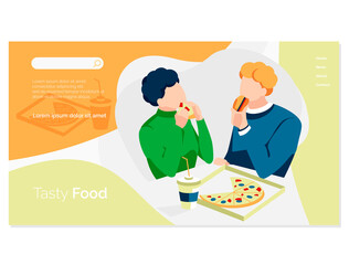Tasty food landing page. People enjoying of eating traditional fastfood dishes. Online food ordering and express delivery service website or mobile app flat vector illustration